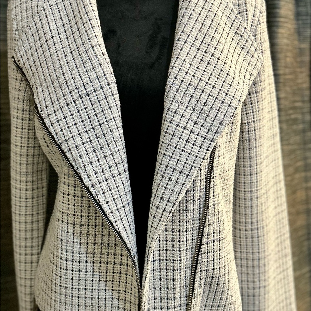 Checked Cream and Black Tweed Zip-Front Blazer